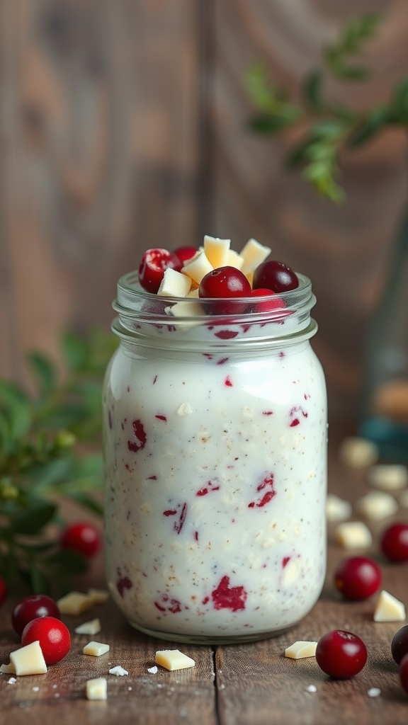 Delicious White Chocolate Cranberry Overnight Oats A jar of white chocolate cranberry overnight oats topped with fresh cranberries and white chocolate shavings on a wooden table.